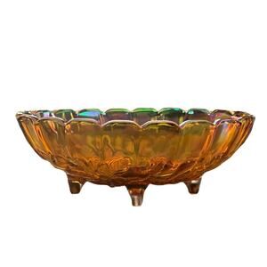 Large Vintage Iridescent Amber Indiana Carnival Glass Fruit Bowl